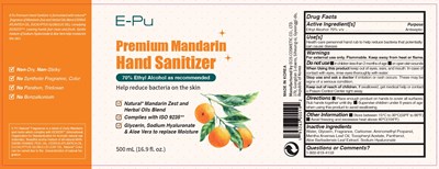 EPu Premium Mandarin Hand Sanitizer 70_500ml.jpg Active Ingredient(s) - EPu Premium Mandarin Hand Sanitizer 70 500ml